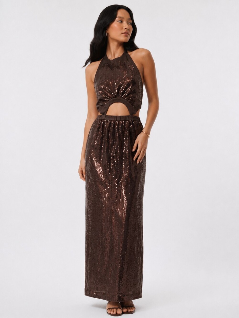 Staud Katharine Brown Cutout Sequin Maxi Dress Gown Halter Top Size M - Picture 1 of 13
